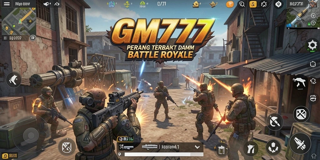 Screenshot GM777 menampilkan aksi seru pertempuran Battle Royale.
