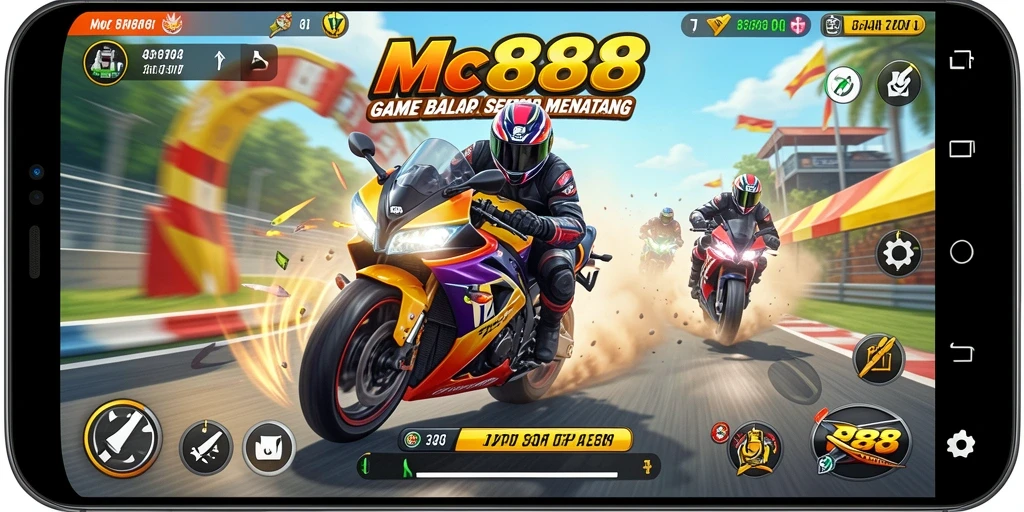 Screenshot menunjukkan aksi balap mendebarkan dalam MC888.