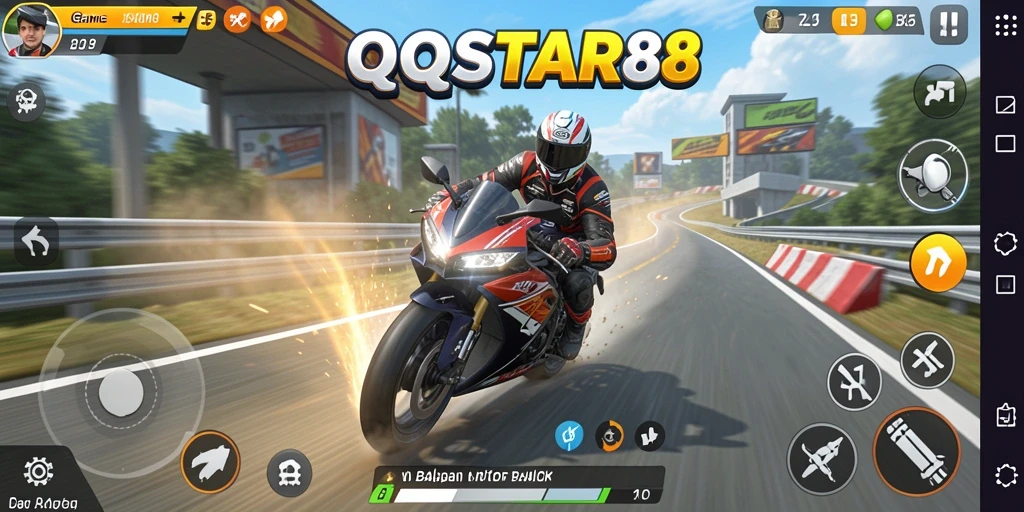 Screenshot gameplay QQSTAR88 menampilkan kecepatan dan adrenalin balapan motor.