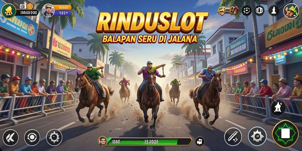 Screenshot gameplay RINDUSLOT dengan mobil balap di lintasan.