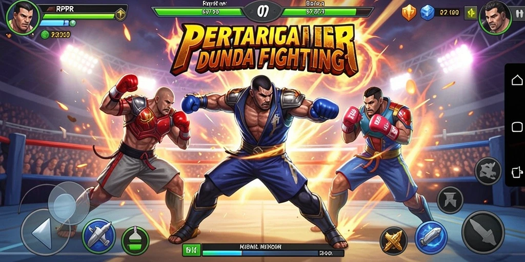 Tampilan gameplay menegangkan saat karakter bertarung di arena.