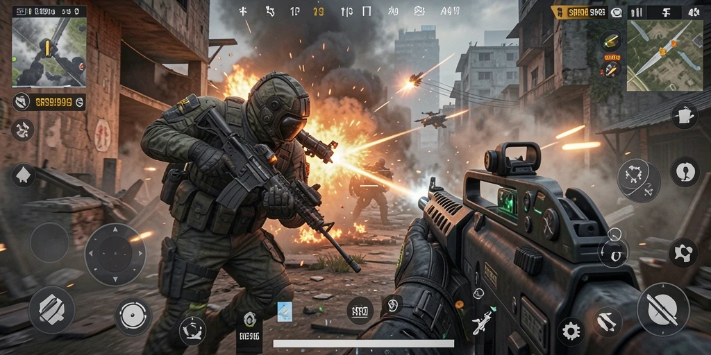 Screenshot SR996 menampilkan aksi seru dalam mode FPS.