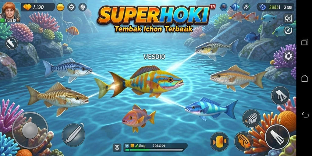Screenshot permainan SUPERHOKI menampilkan aksi seru menembak ikan.