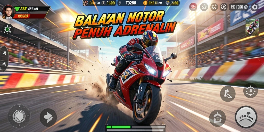 Menampilkan aksi balap motor yang mendebarkan dan seru.